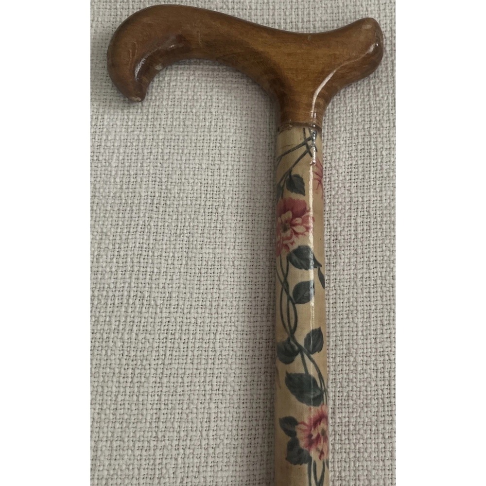 VTG Ladies Fashion Wood Cane Honey Tone Derby Handle Custom Floral Shaft 38"